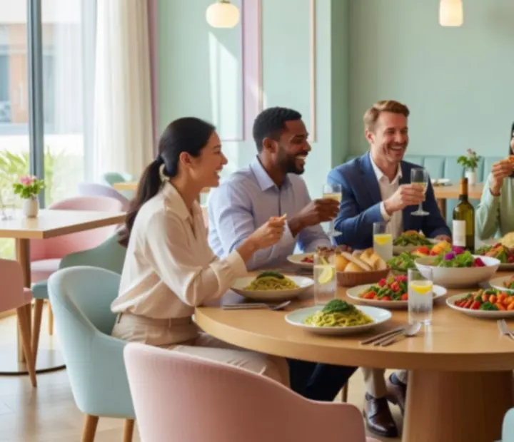 Skupina hostů u jednoho stolu v moderní restauraci během společenského večera