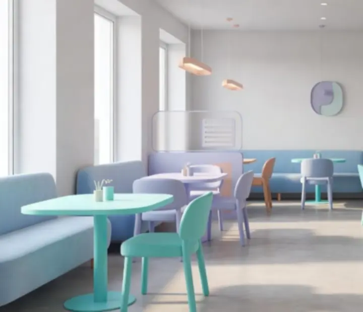 Světlý moderní interiér restaurace CentralMeetingG v pastelových barvách