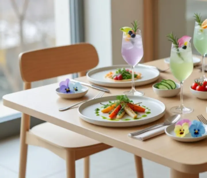 Stůl v moderní restauraci CentralMeetingG se sezónními pokrmy a koktejly
