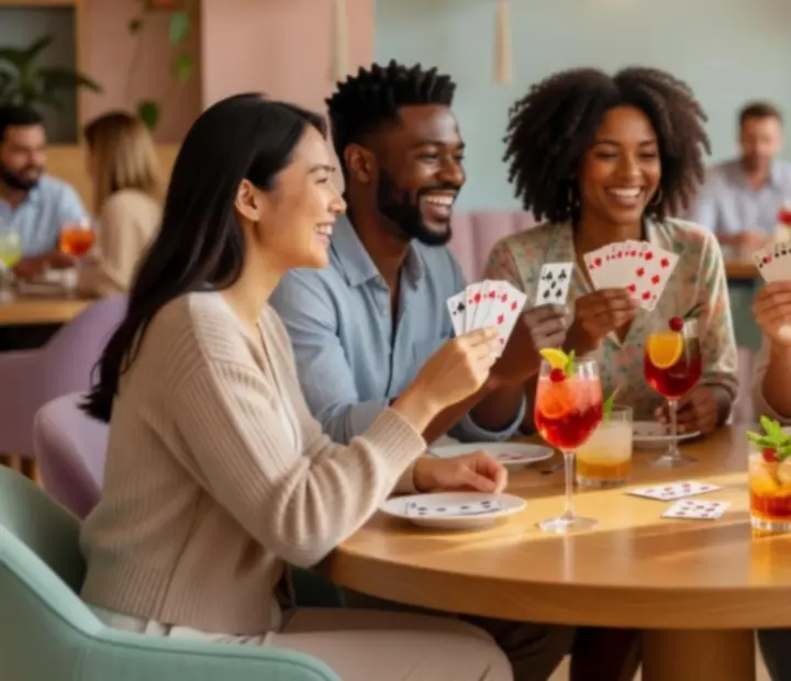 Skupina hostů se směje u pokerového stolu v moderní restauraci
