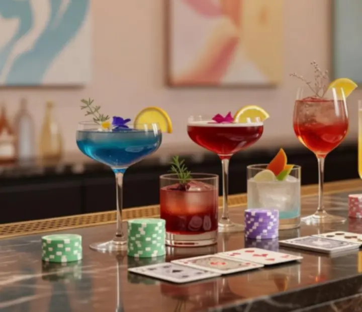 Barevné signature koktejly podávané během pokerového večera v restauraci